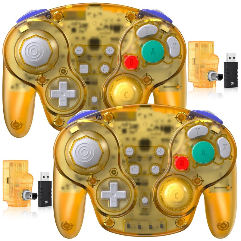 SAFFUN 2 Pack 2.4 GHz Wireless GameCube Switch2 Pro Controller, for NGC GameCube Console, Switch/Switch OLED/ Switch2, PC, Steam Deck, PC (Built-in Rumble) (Rechargeable) (Plug and Play) Clear Yellow - Image 1
